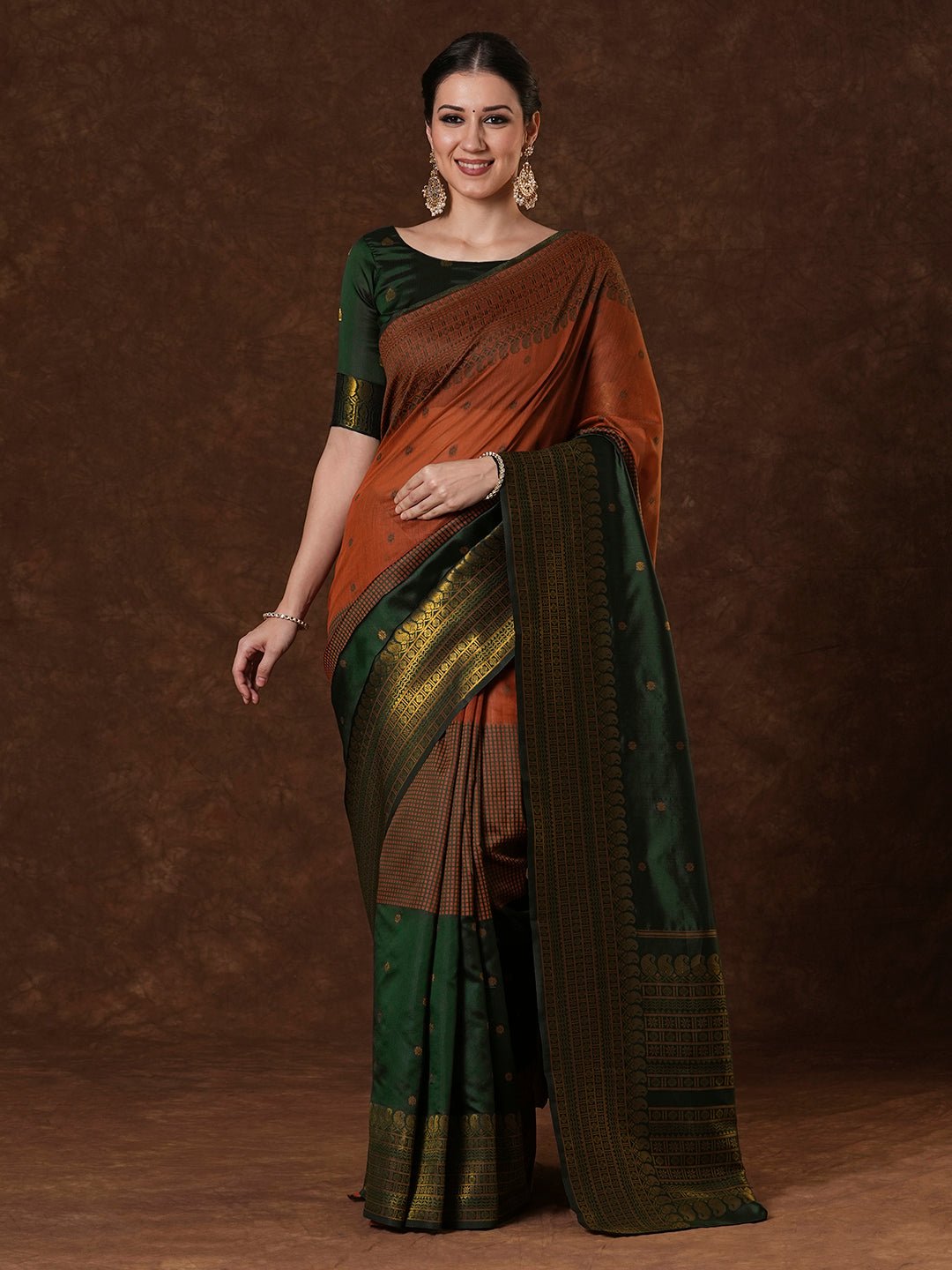 Rust Brown Silk Blend Saree - Ressa