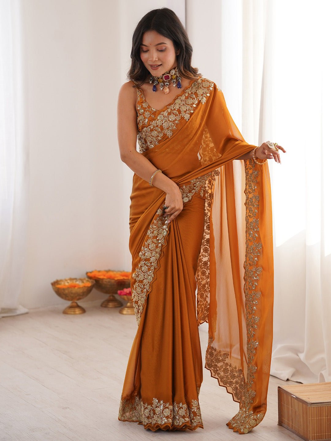 Rust Emblished Party Wear Saree - Ressa