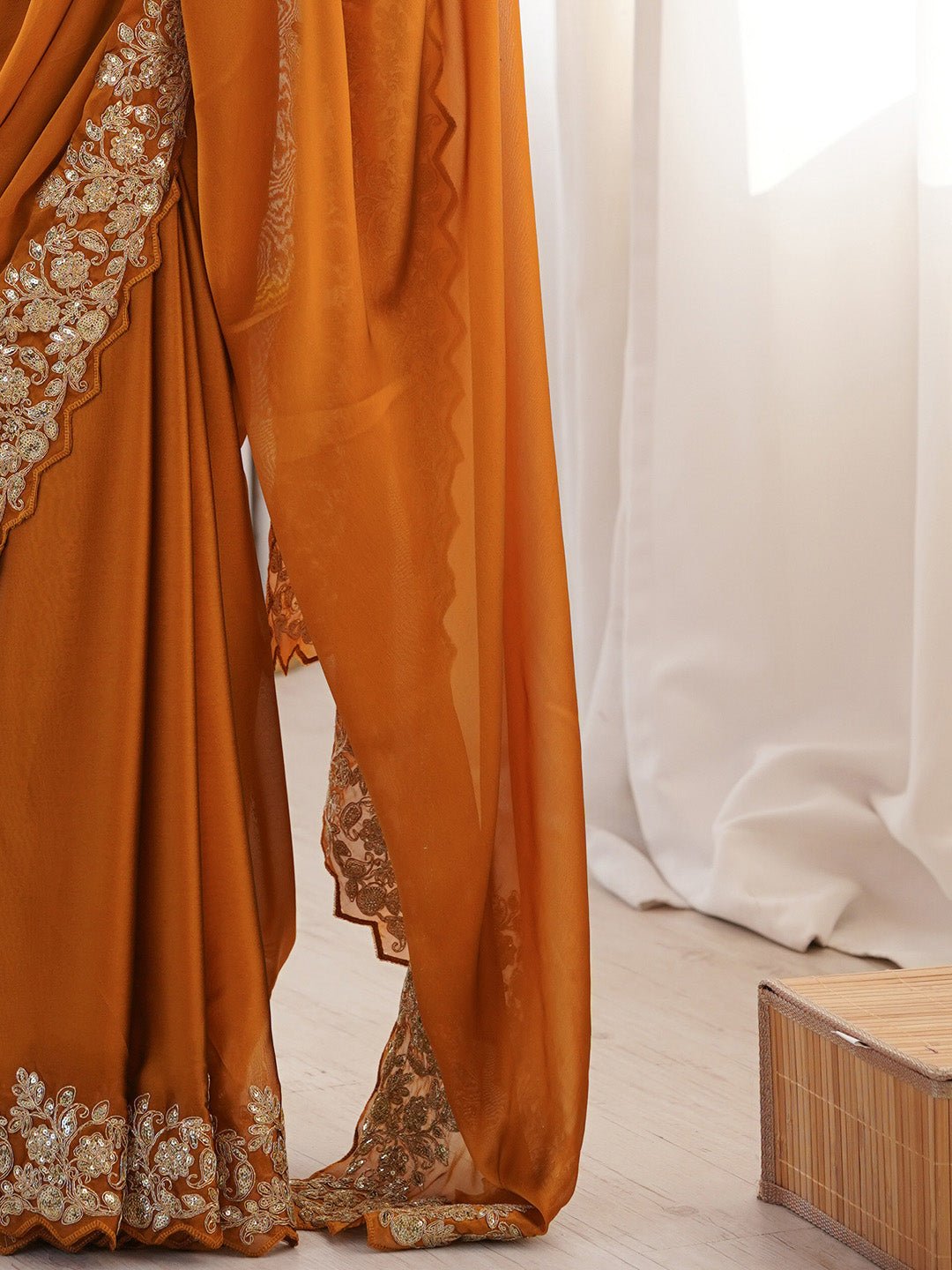 Rust Emblished Party Wear Saree - Ressa