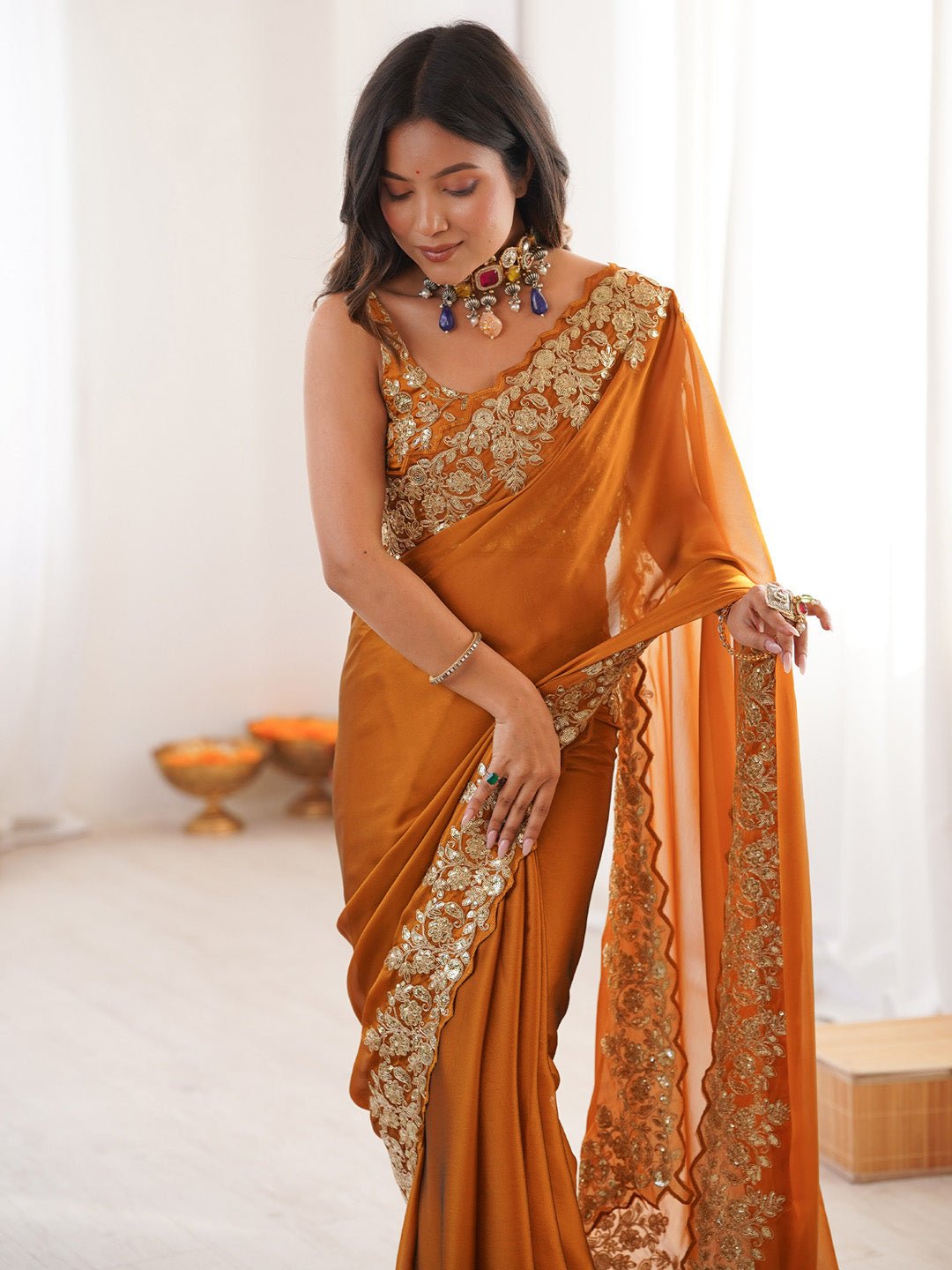 Rust Emblished Party Wear Saree - Ressa