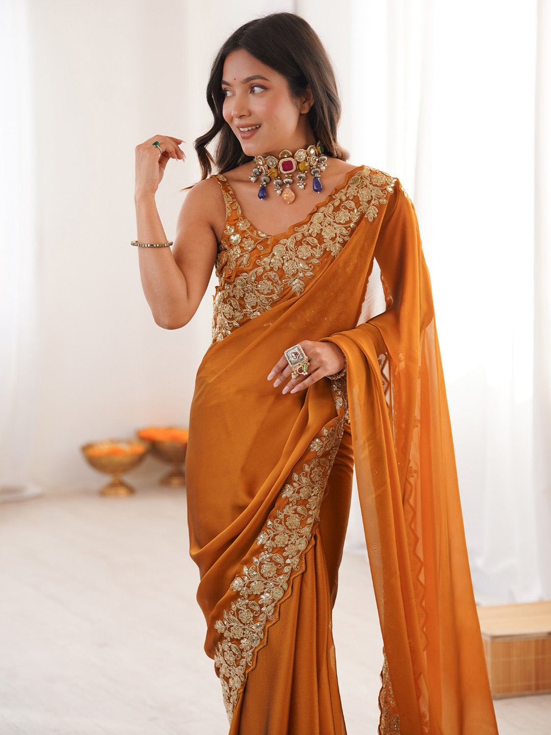 Rust Emblished Party Wear Saree - Ressa