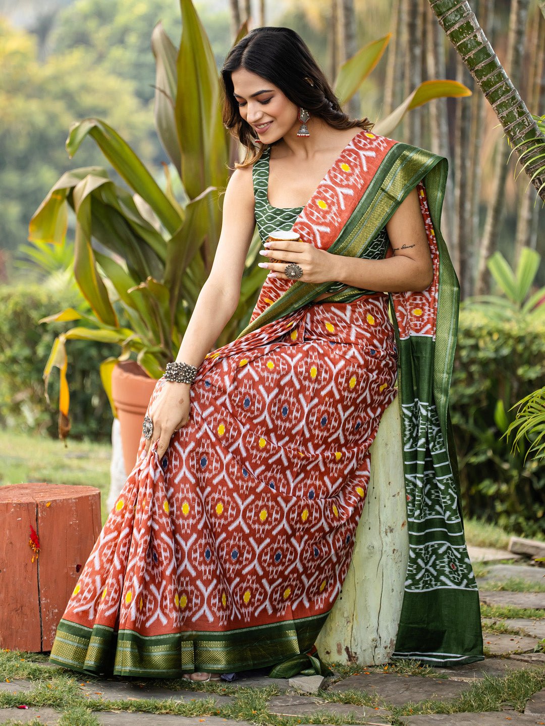 Rust & Emerald Green Patola Silk Saree - Ressa
