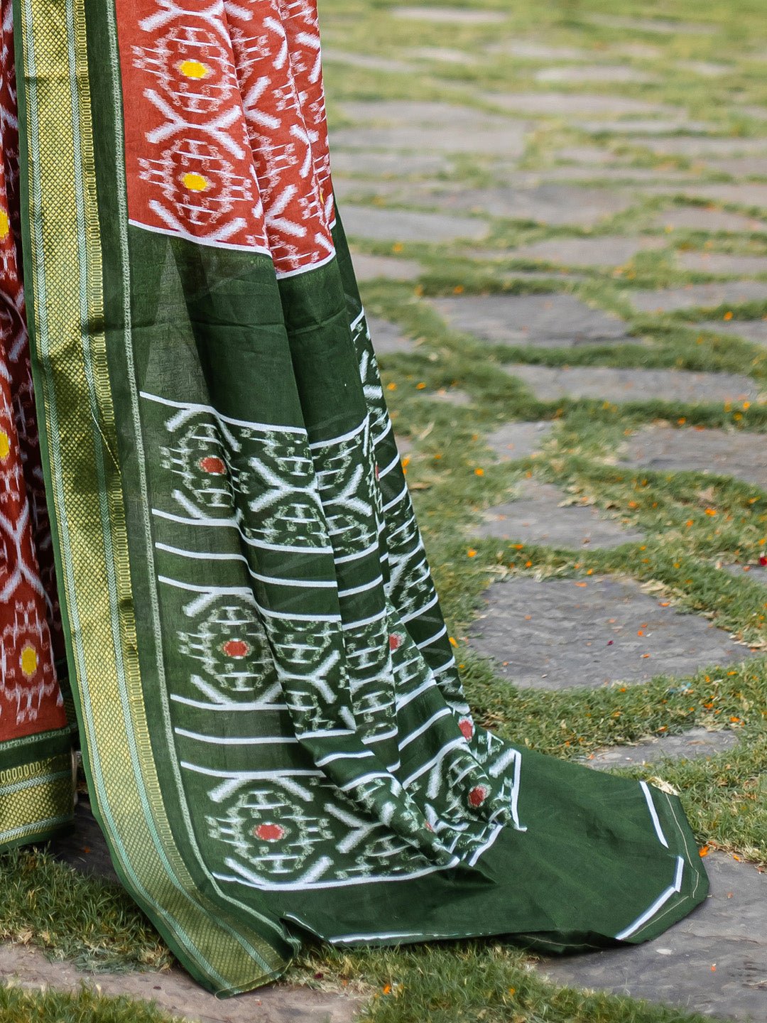 Rust & Emerald Green Patola Silk Saree - Ressa