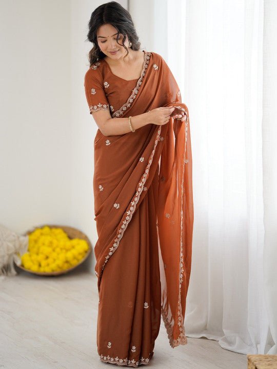 Rust Georgette Embroidered Saree - Ressa