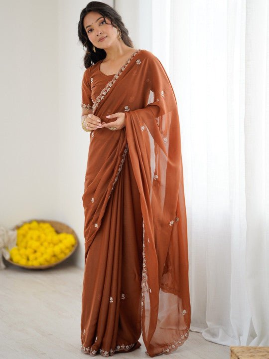 Rust Georgette Embroidered Saree - Ressa