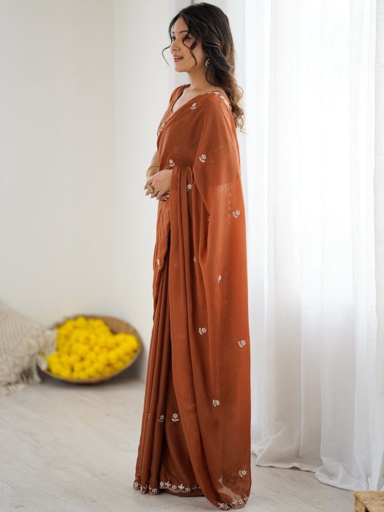 Rust Georgette Embroidered Saree - Ressa