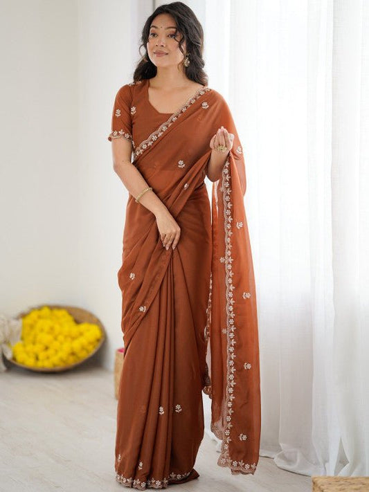 Rust Georgette Embroidered Saree - Ressa