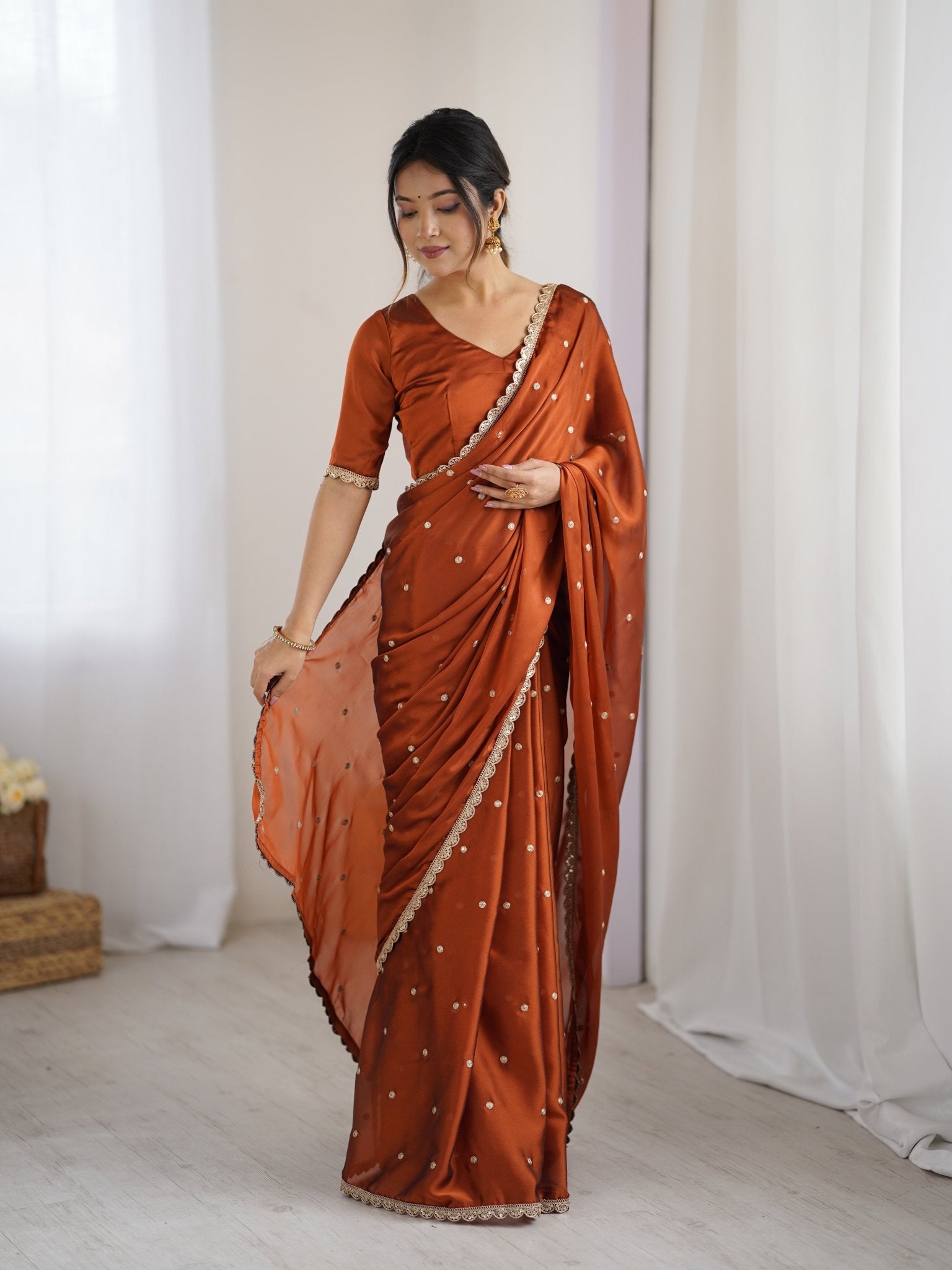 Rust Georgette Saree with Embroidery - Ressa