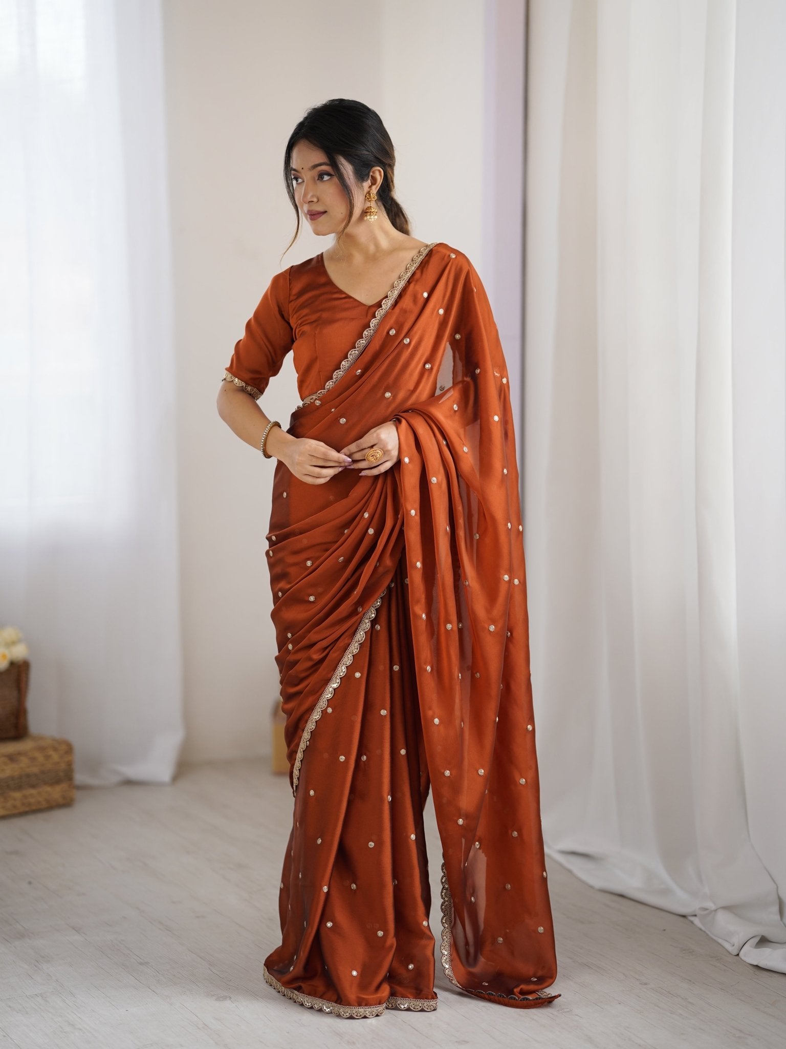 Rust Georgette Saree with Embroidery - Ressa