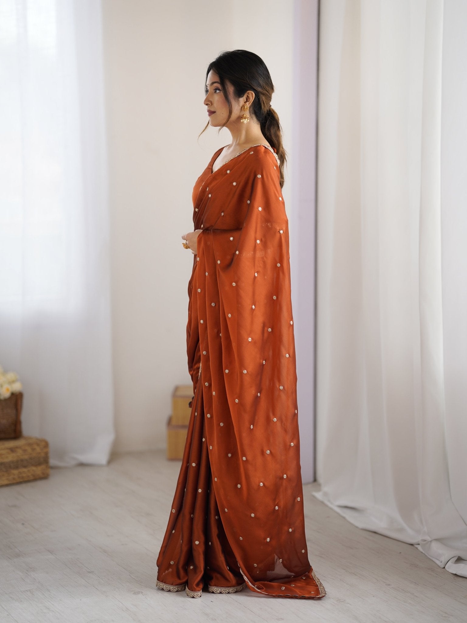 Rust Georgette Saree with Embroidery - Ressa