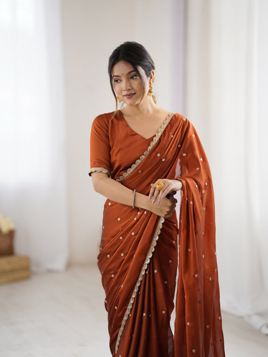 Rust Georgette Saree with Embroidery - Ressa