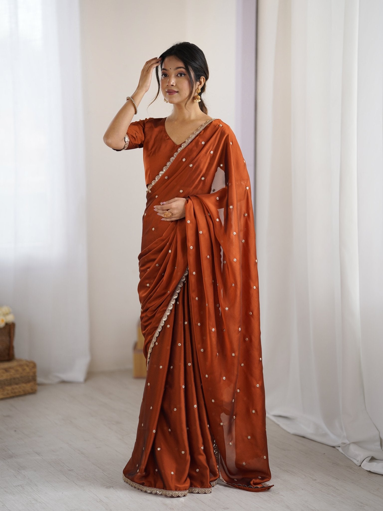 Rust Georgette Saree with Embroidery - Ressa