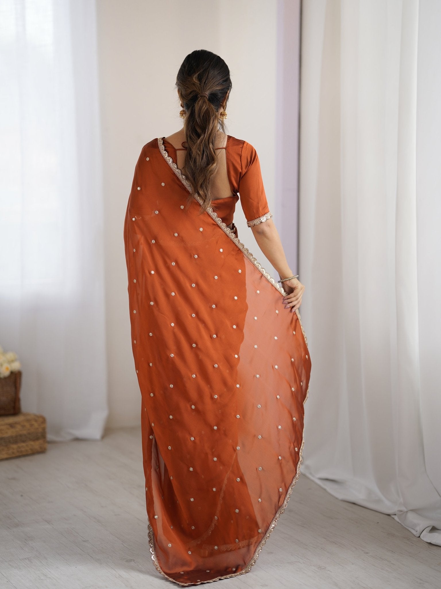 Rust Georgette Saree with Embroidery - Ressa