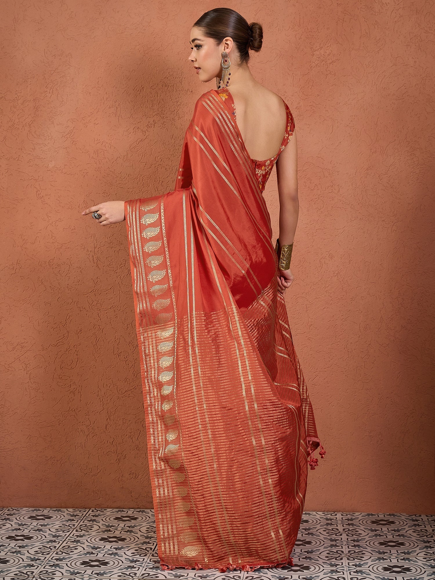 Rust Gold Zari Tissue Silk Saree - Ressa