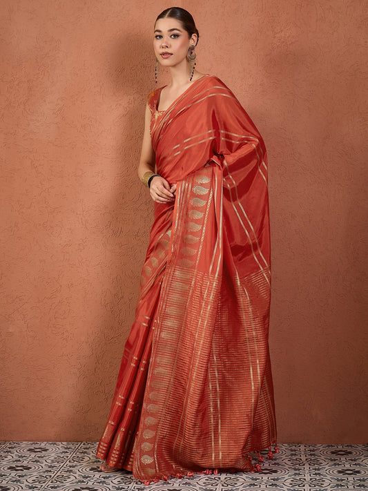 Rust Gold Zari Tissue Silk Saree - Ressa