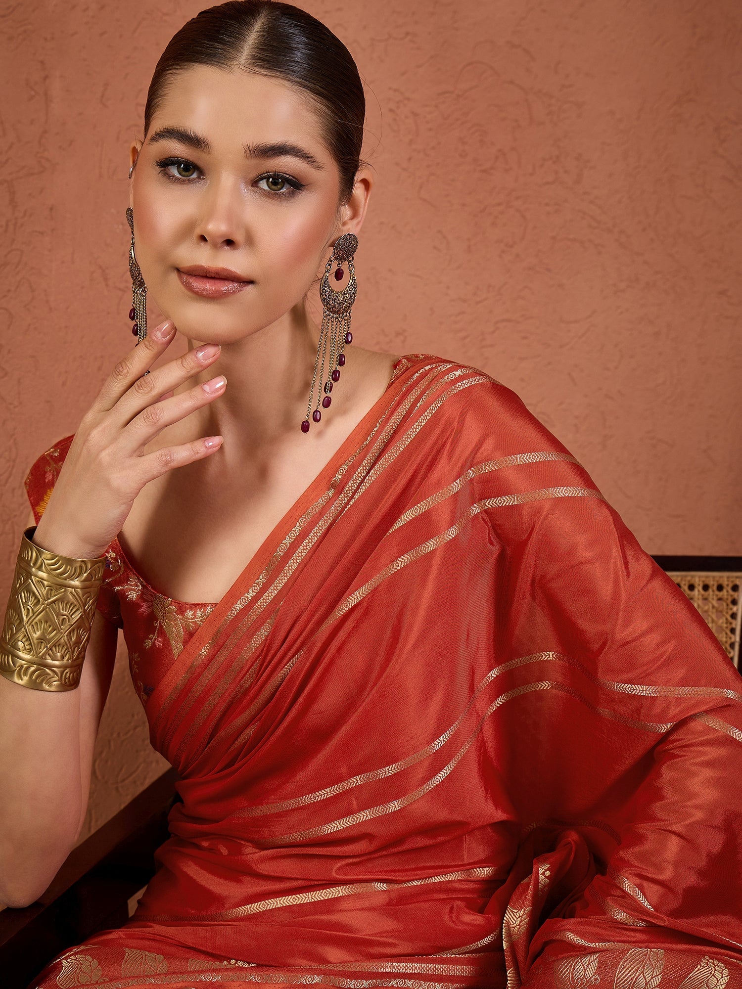 Rust Gold Zari Tissue Silk Saree - Ressa
