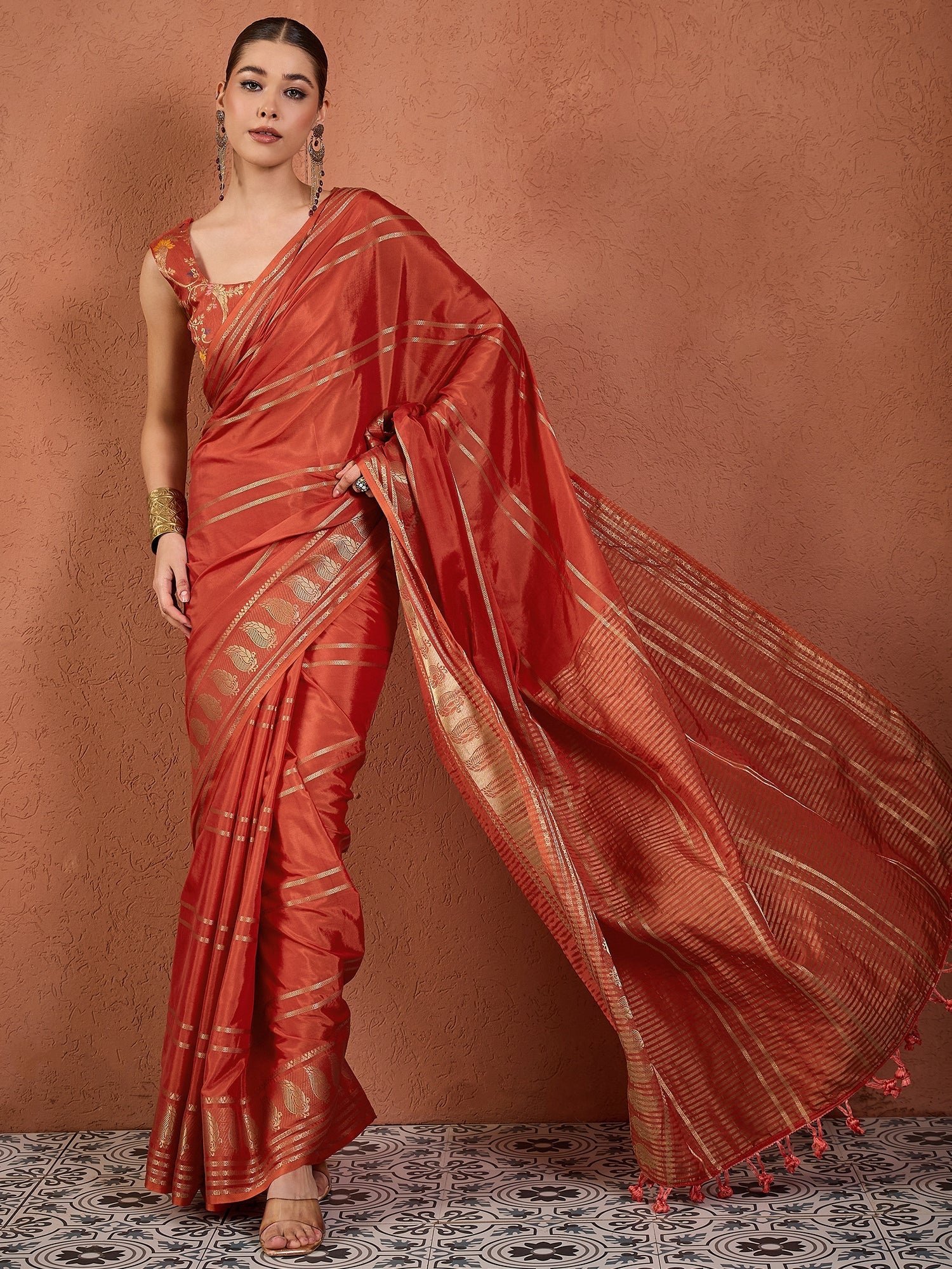 Rust Gold Zari Tissue Silk Saree - Ressa