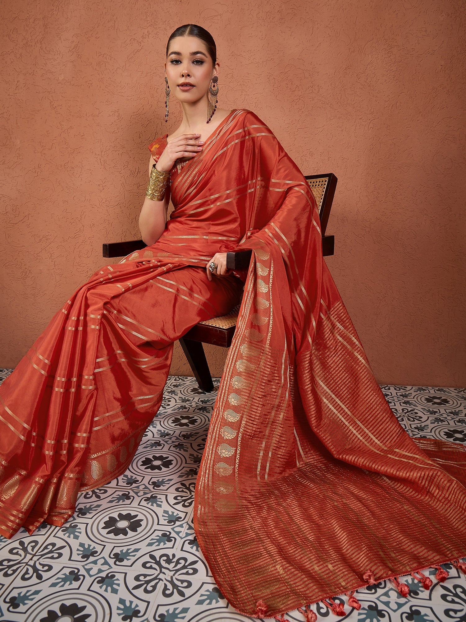 Rust Gold Zari Tissue Silk Saree - Ressa