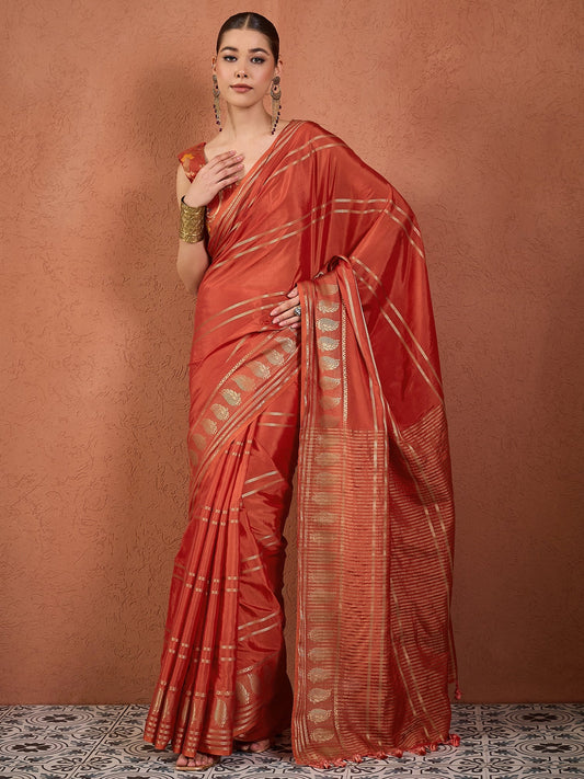 Rust Gold Zari Tissue Silk Saree - Ressa