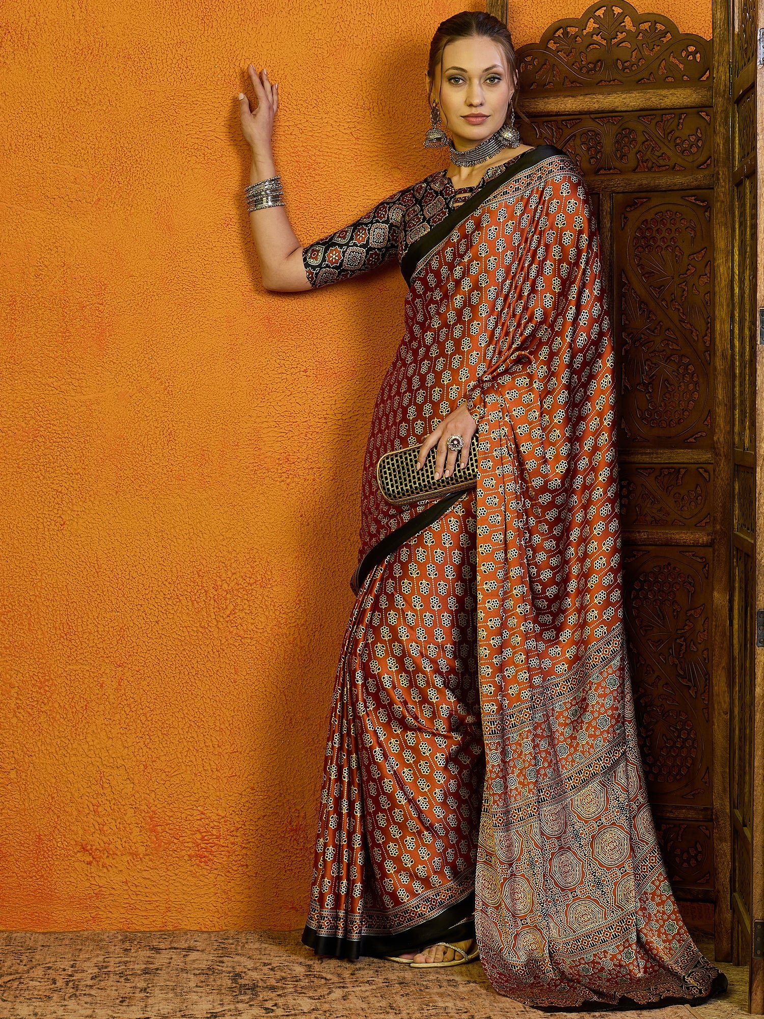 Rust Orange Ajrakh Print Satin Saree - Ressa