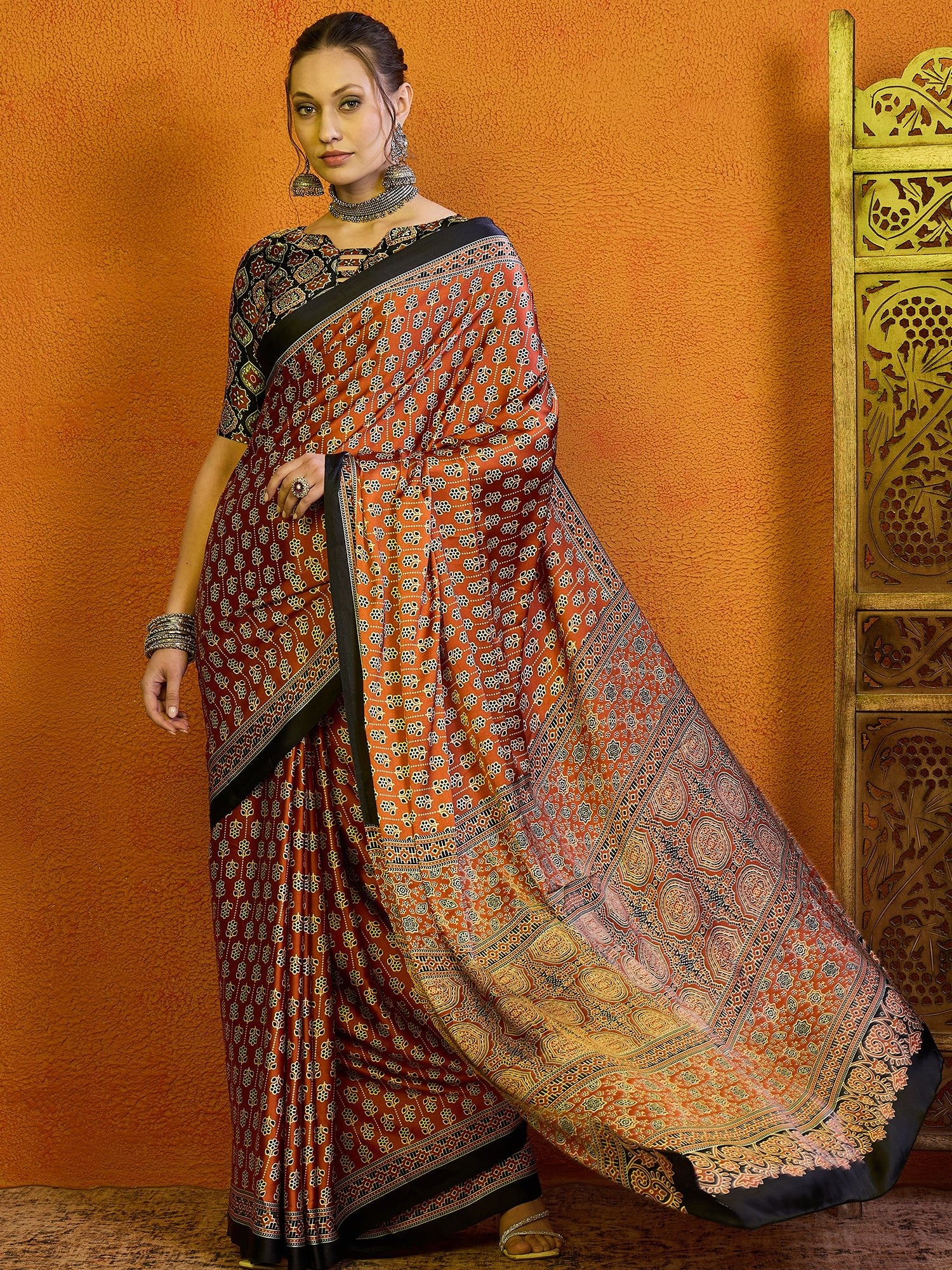 Rust Orange Ajrakh Print Satin Saree - Ressa
