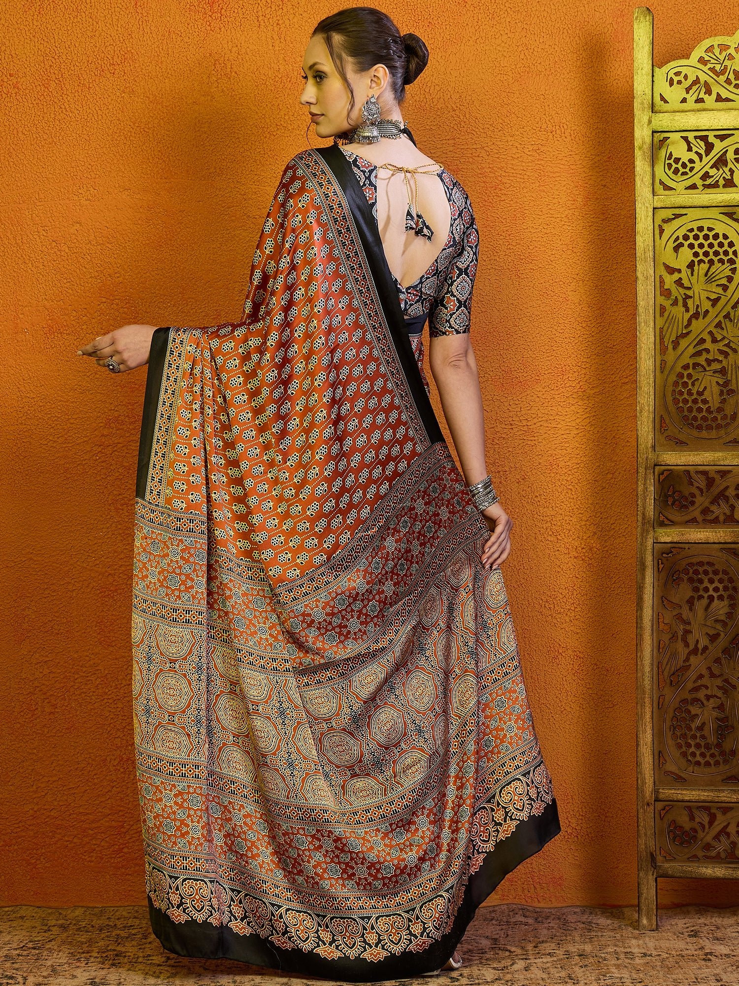 Rust Orange Ajrakh Print Satin Saree - Ressa