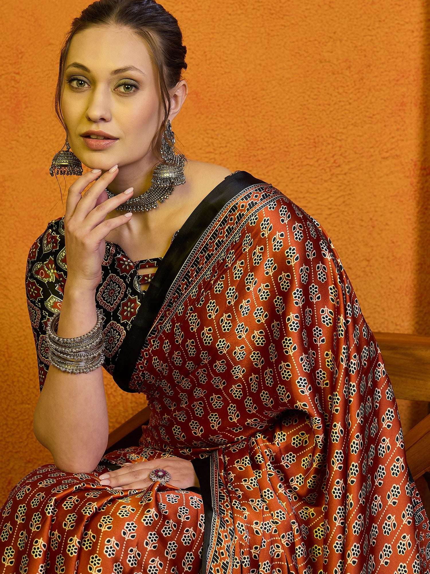 Rust Orange Ajrakh Print Satin Saree - Ressa