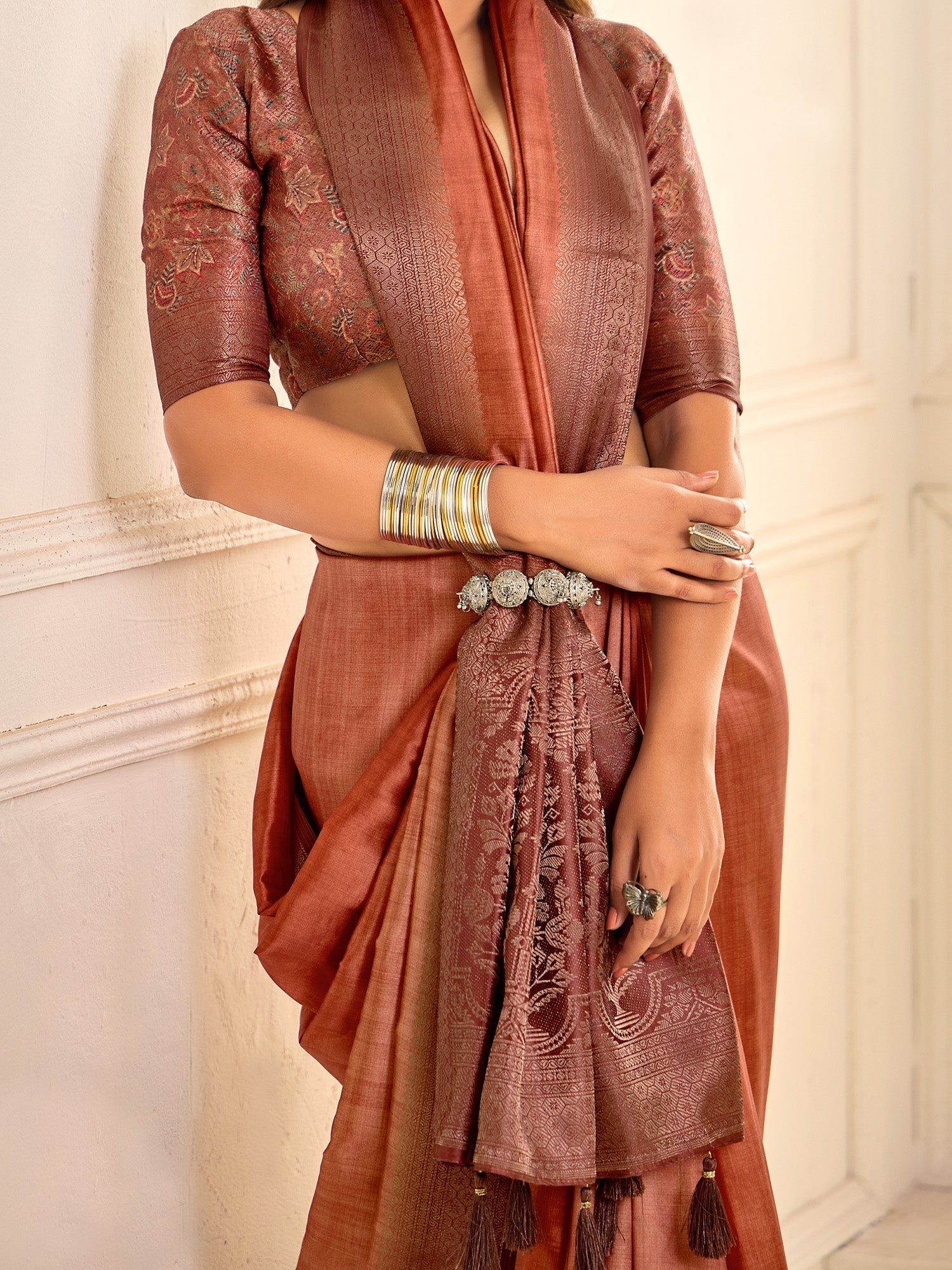 Rust Orange Banarasi Silk Zari Woven Saree - Ressa