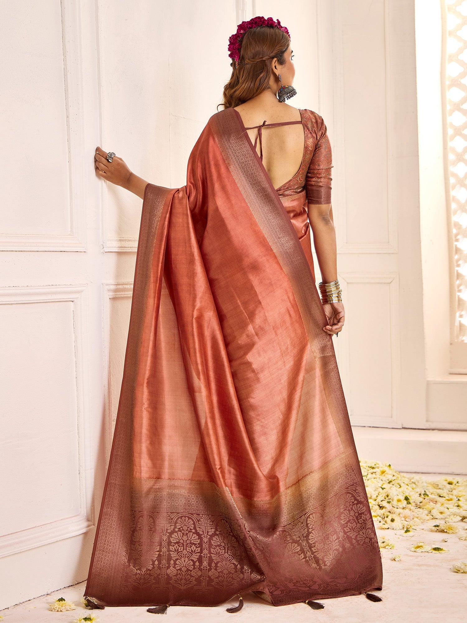 Rust Orange Banarasi Silk Zari Woven Saree - Ressa