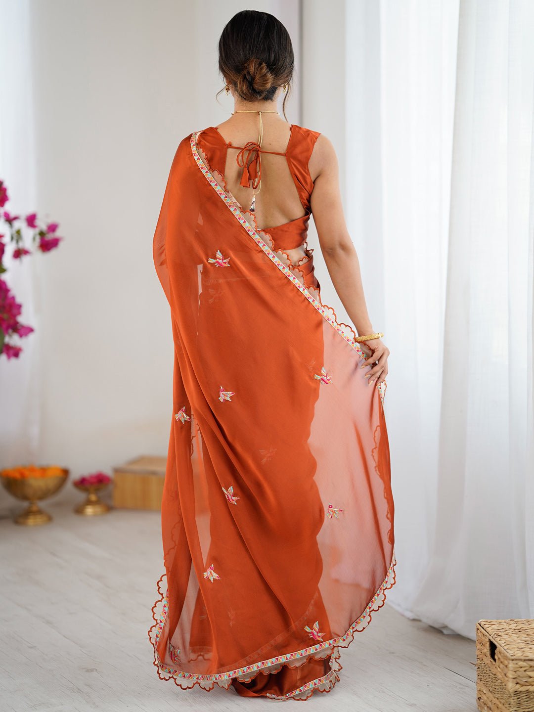 Rust Orange Chiffon Embroidered Border Saree - Ressa