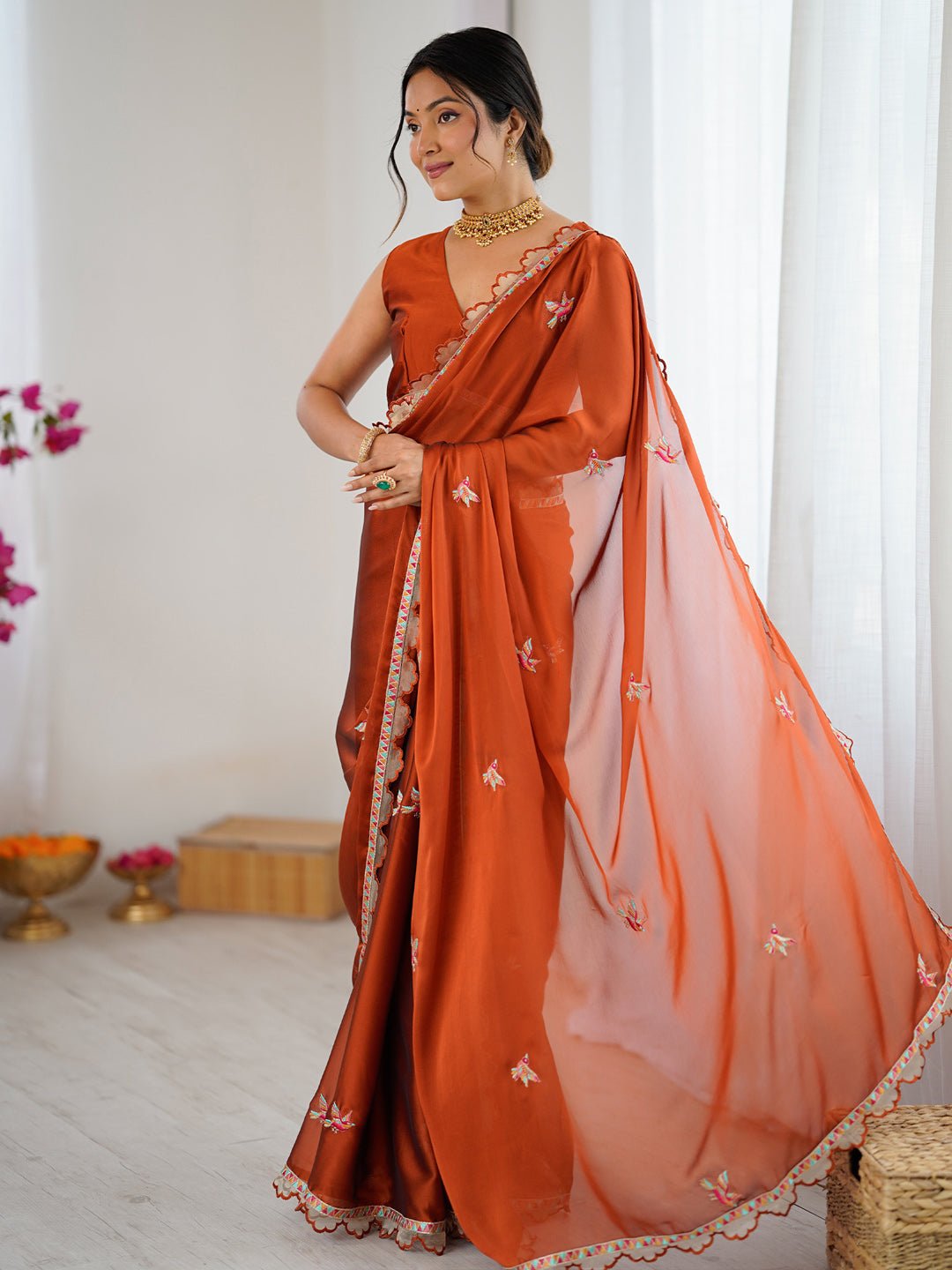 Rust Orange Chiffon Embroidered Border Saree - Ressa