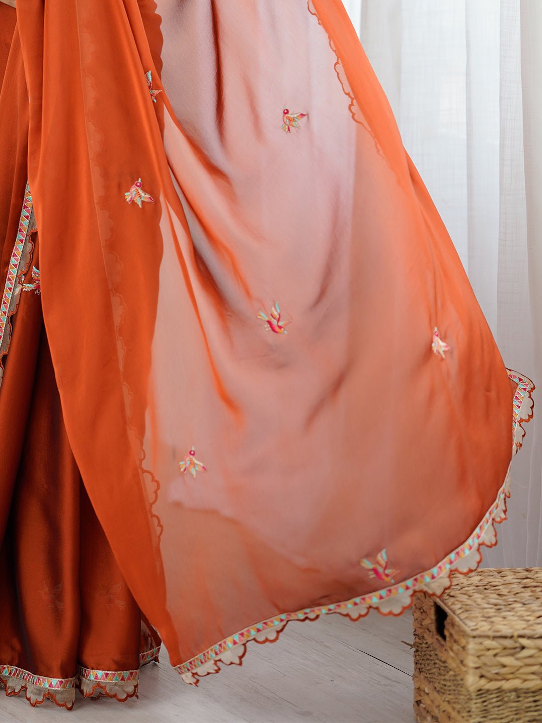 Rust Orange Chiffon Embroidered Border Saree - Ressa