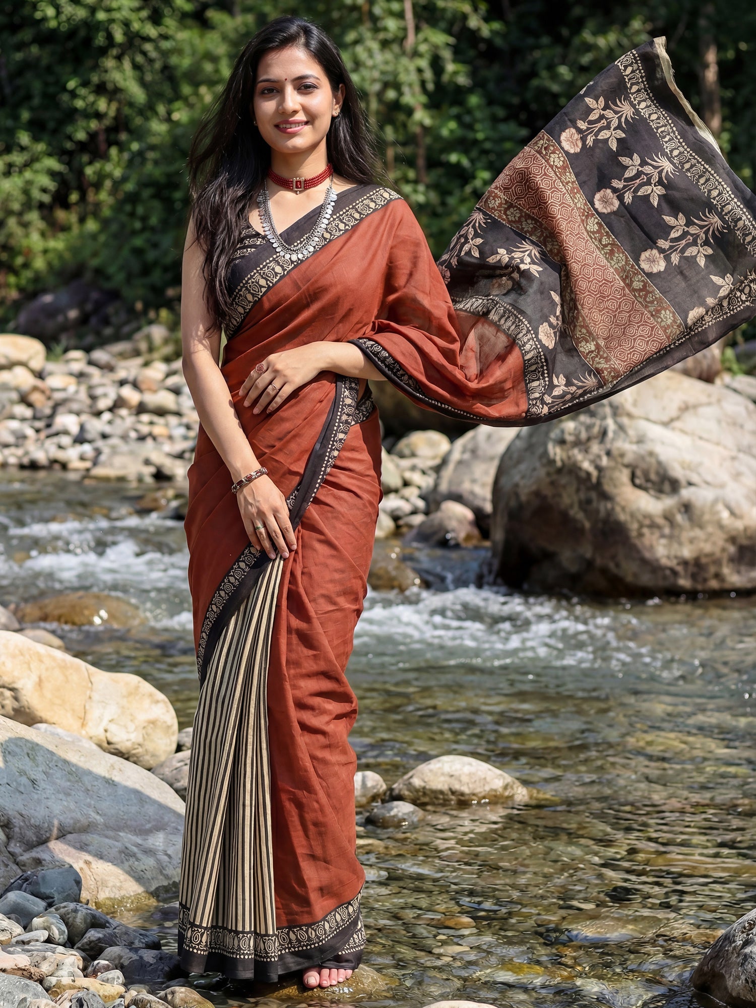 Rust Orange Cotton Saree - Ressa