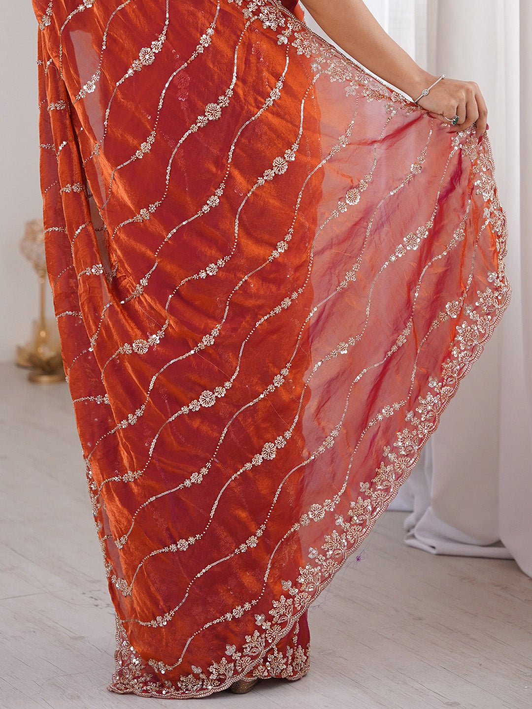 Rust Orange Emblished Party Wear Saree - Ressa