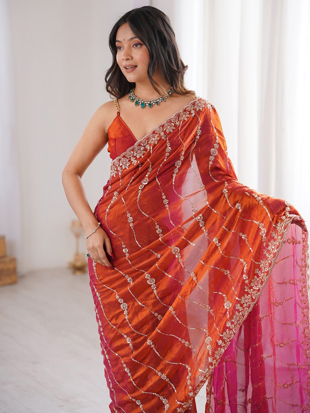 Rust Orange Emblished Party Wear Saree - Ressa
