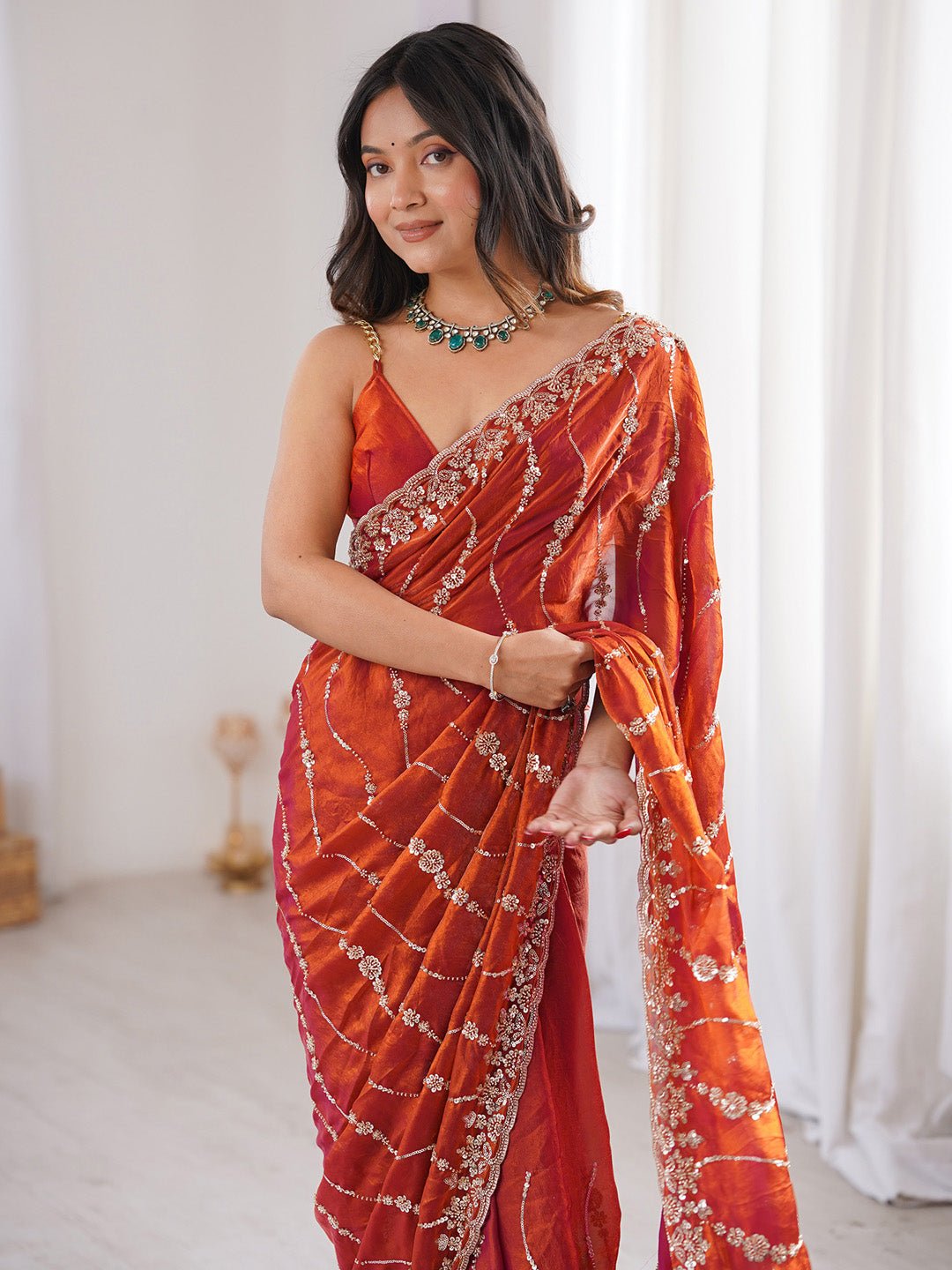 Rust Orange Emblished Party Wear Saree - Ressa