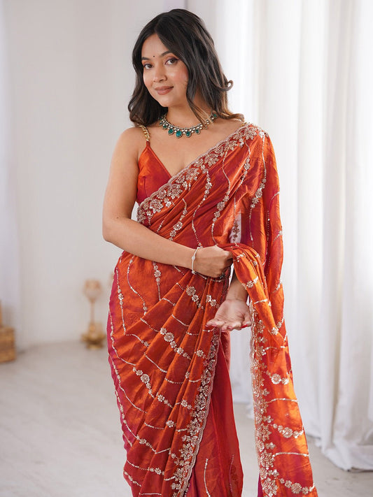 Rust Orange Emblished Party Wear Saree - Ressa