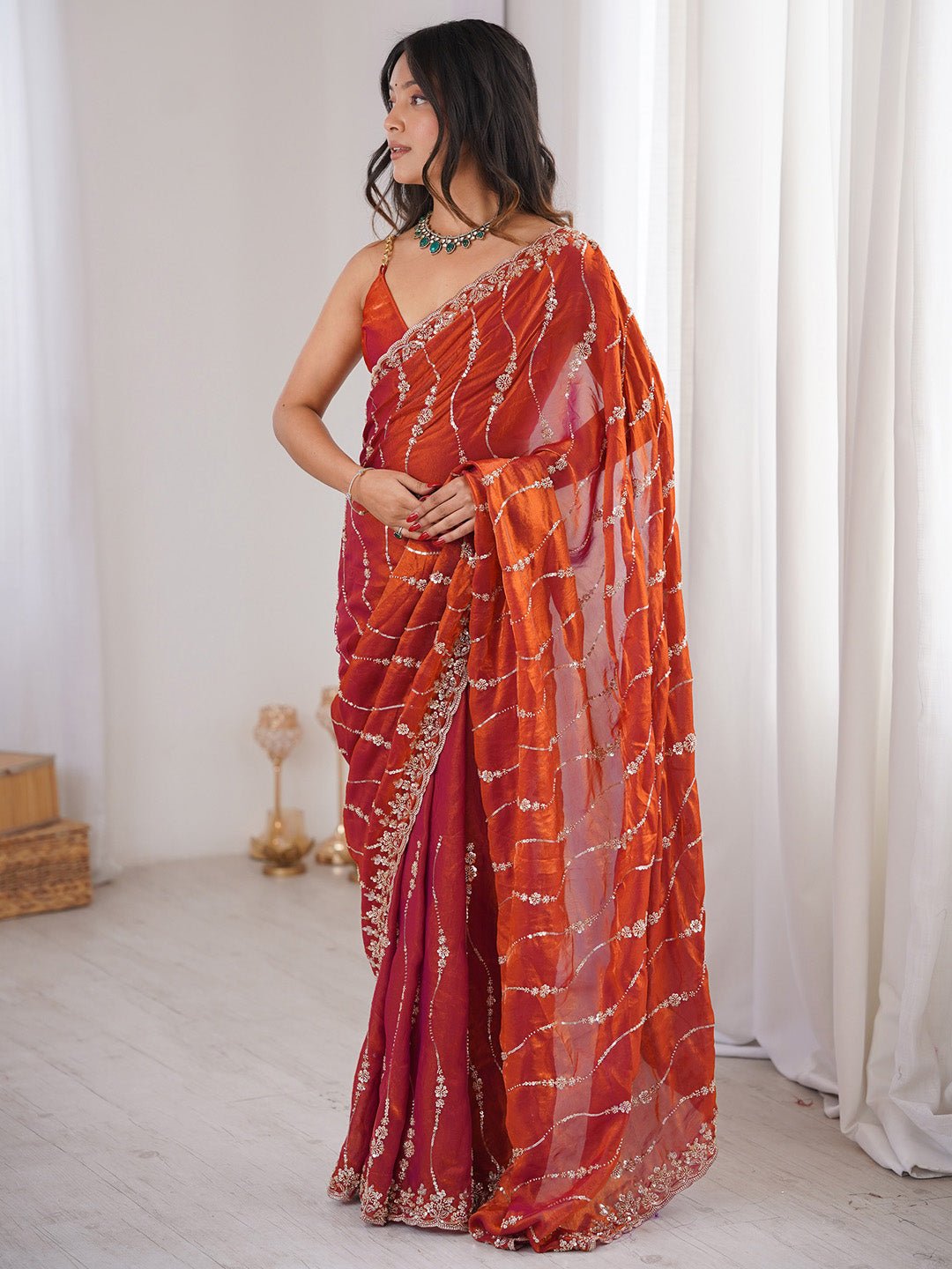 Rust Orange Emblished Party Wear Saree - Ressa