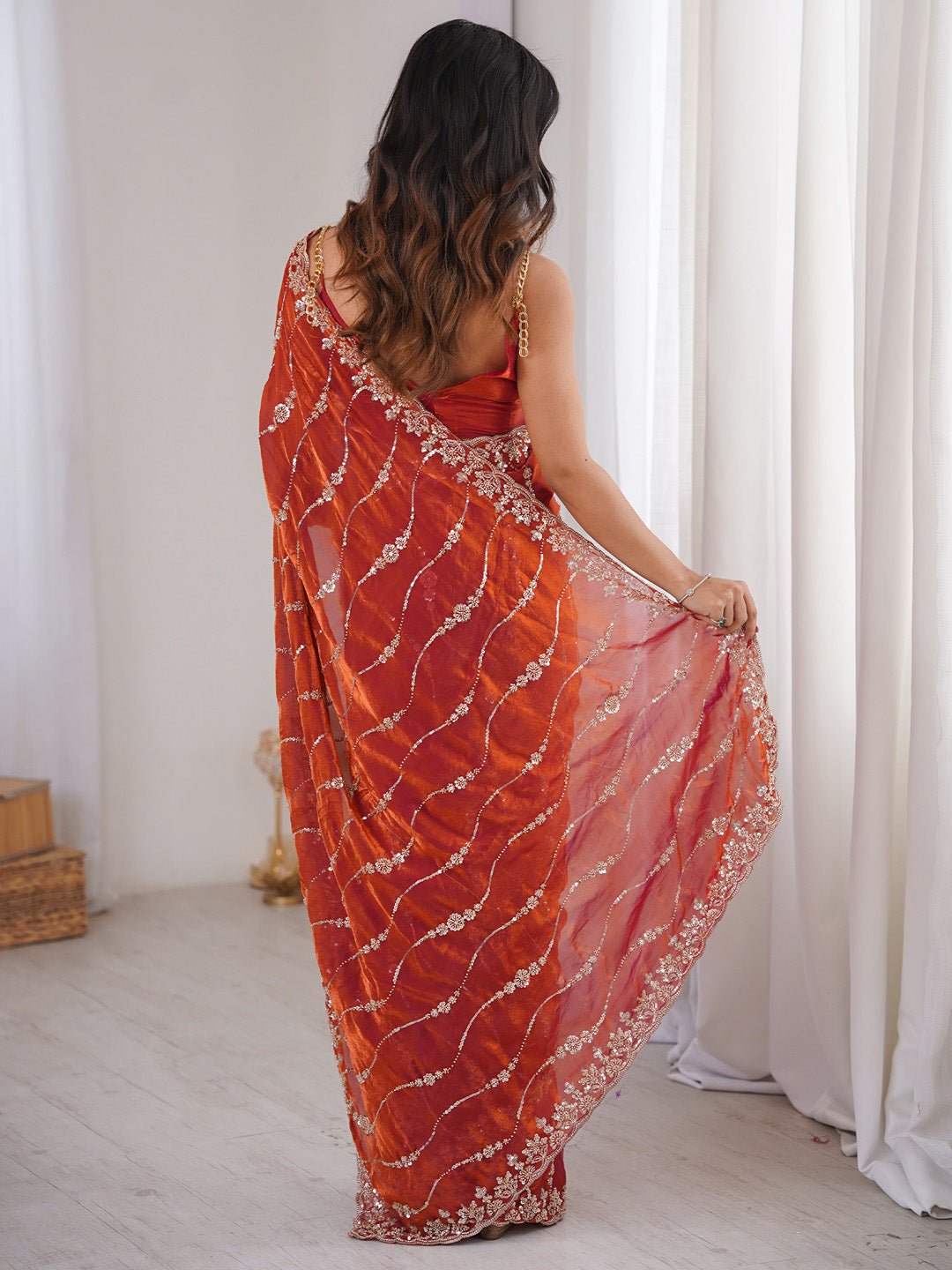 Rust Orange Emblished Party Wear Saree - Ressa