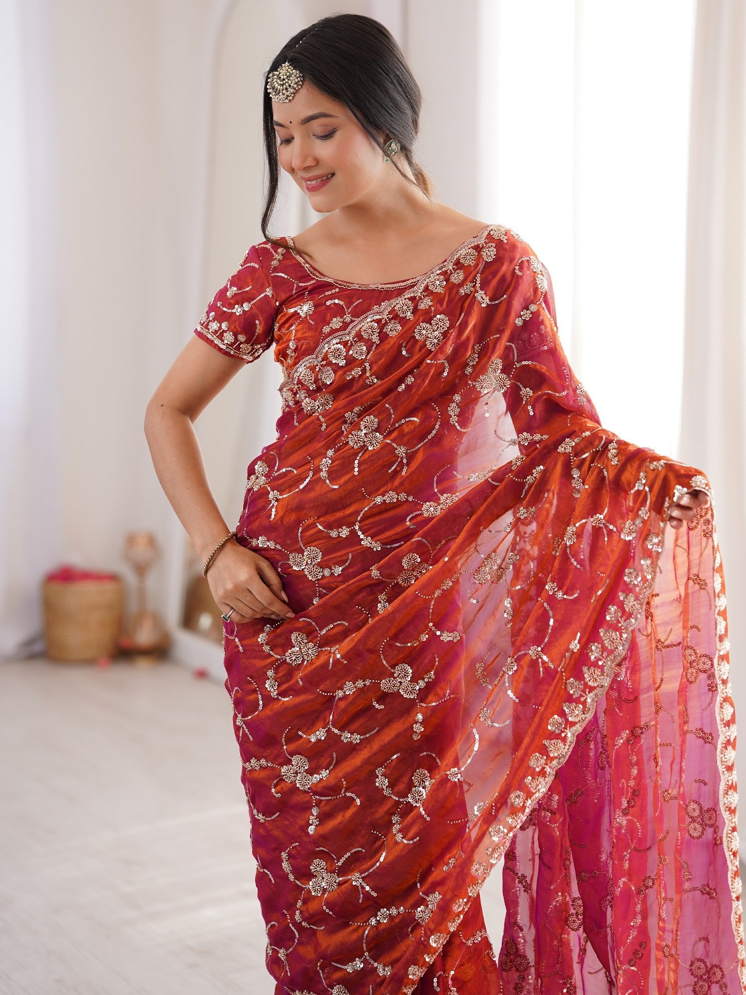 Rust Orange Embroidered Organza Saree with Cutwork Border - Ressa