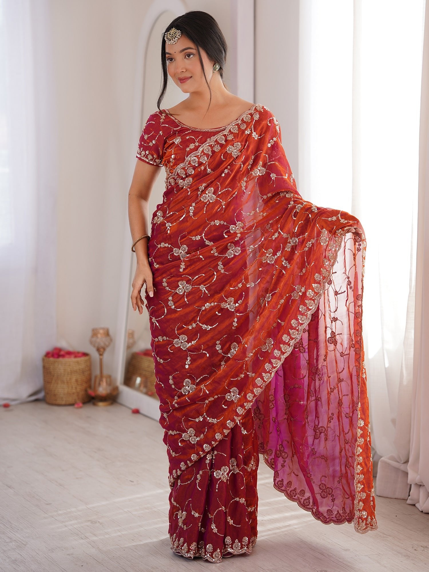 Rust Orange Embroidered Organza Saree with Cutwork Border - Ressa
