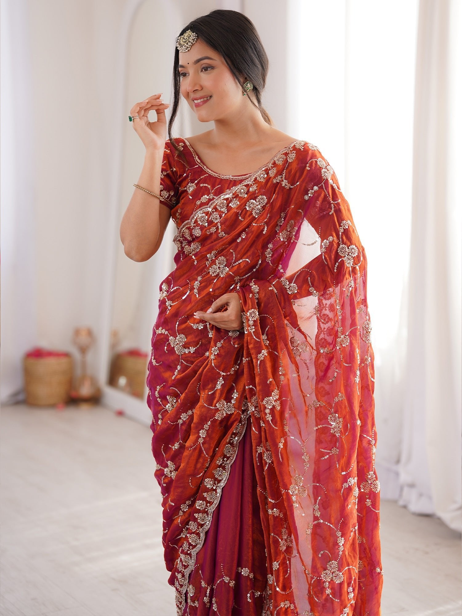 Rust Orange Embroidered Organza Saree with Cutwork Border - Ressa