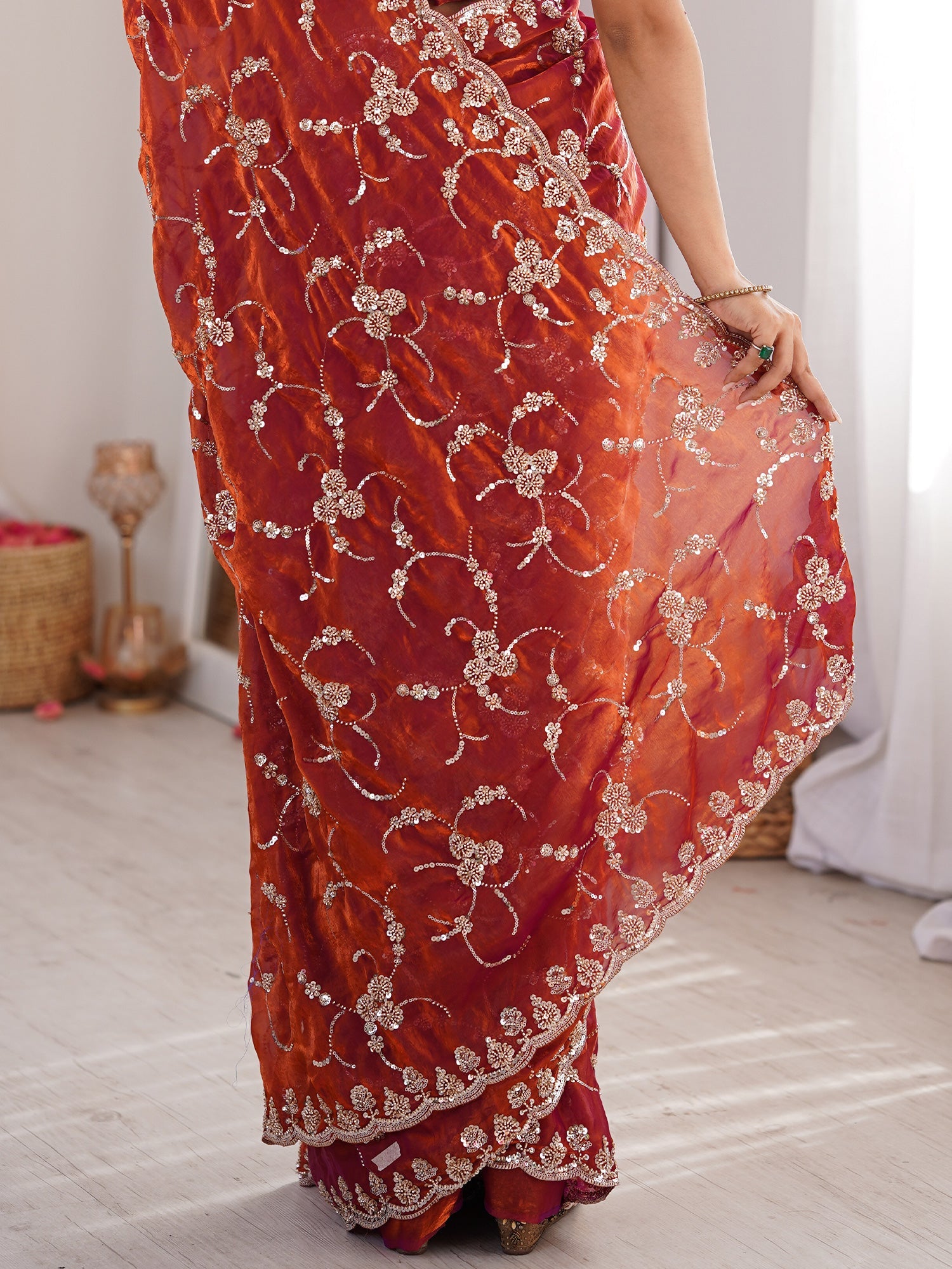 Rust Orange Embroidered Organza Saree with Cutwork Border - Ressa