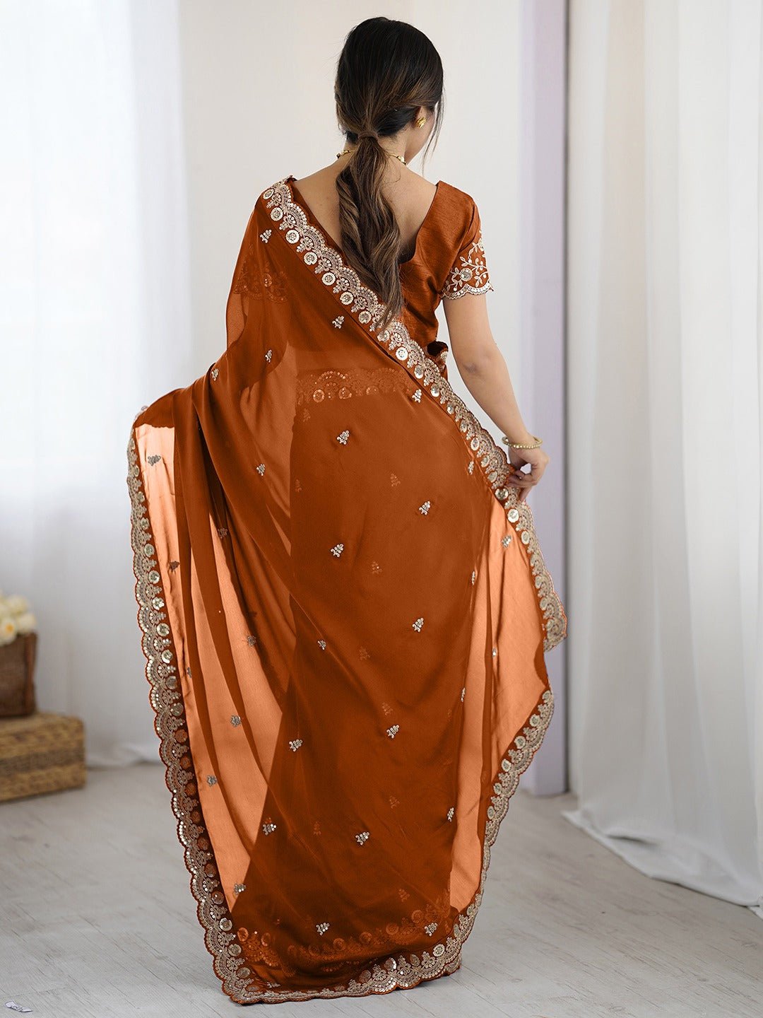 Rust Orange Embroidered Silk Saree - Ressa