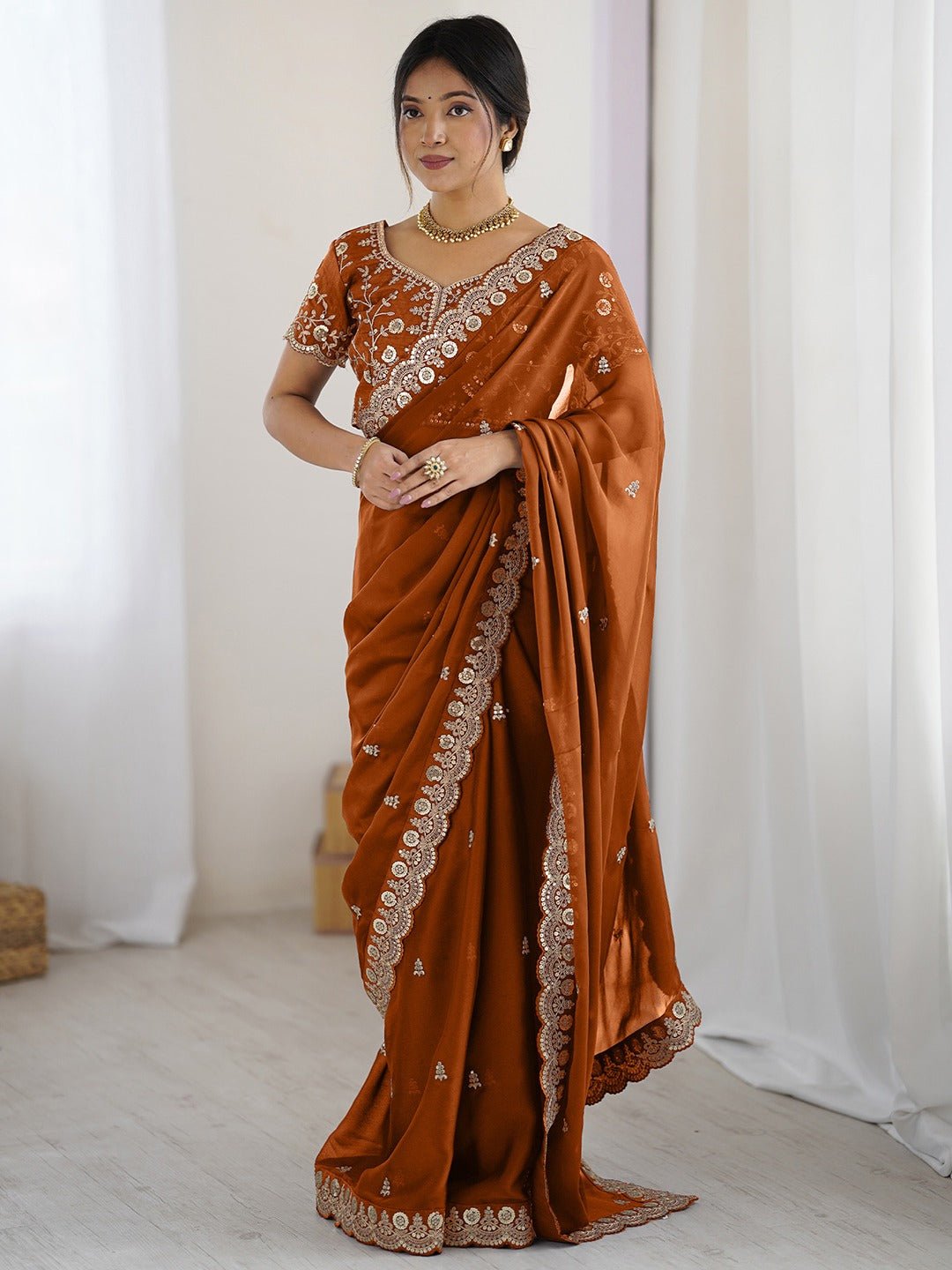 Rust Orange Embroidered Silk Saree - Ressa