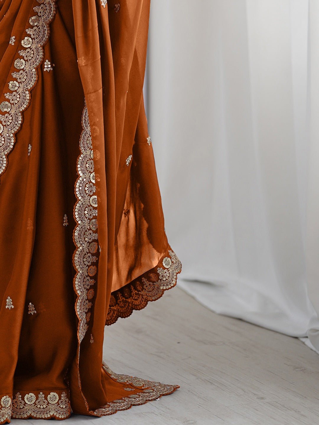Rust Orange Embroidered Silk Saree - Ressa