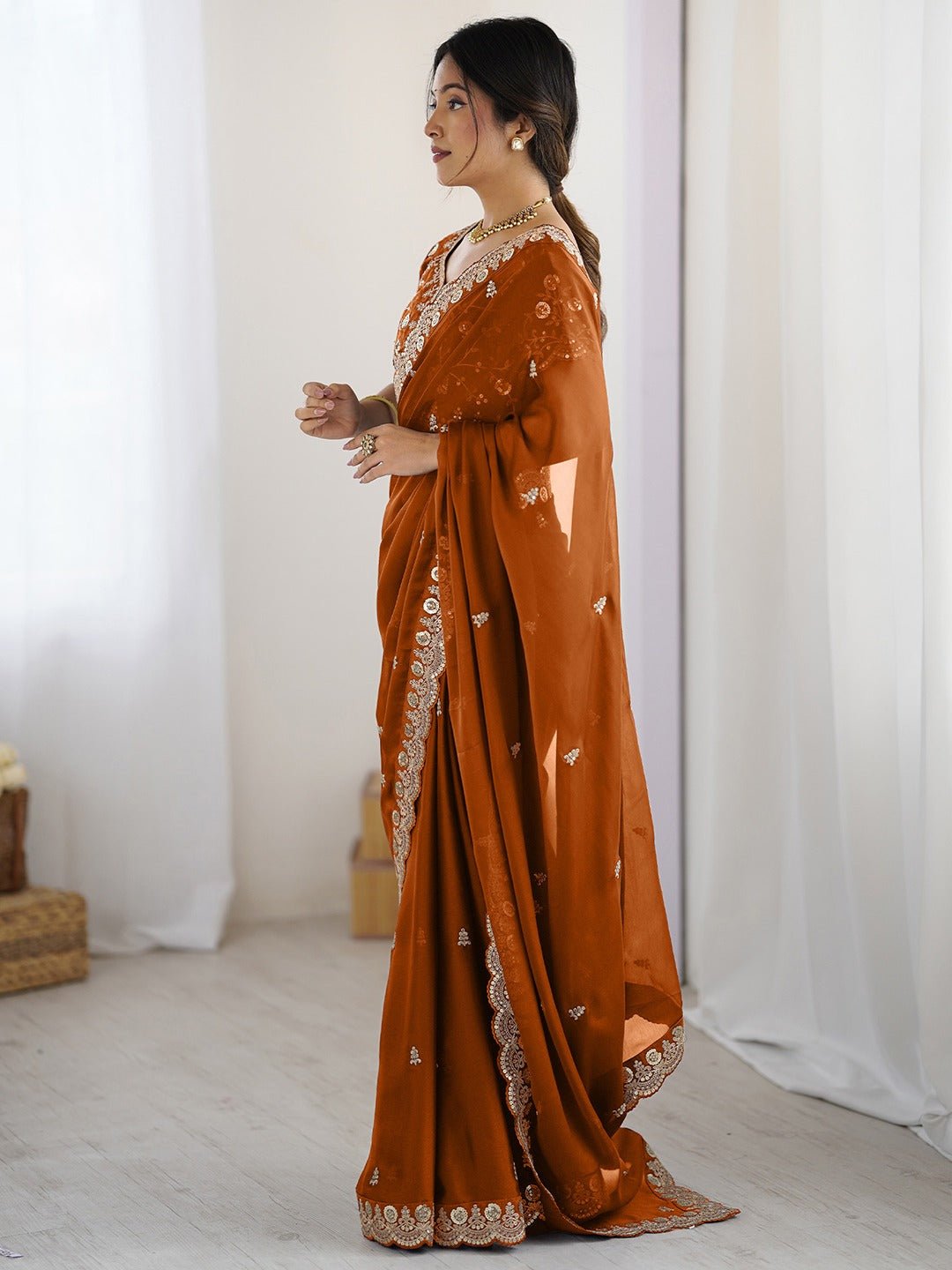 Rust Orange Embroidered Silk Saree - Ressa