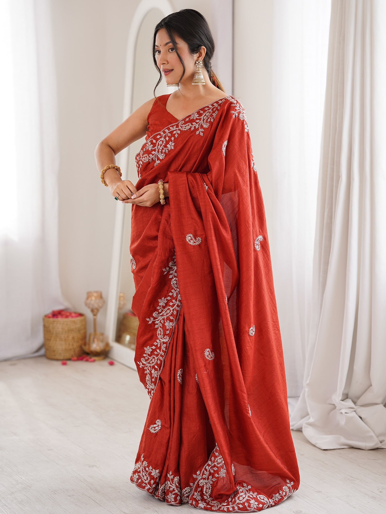 Rust Orange Georgette Saree with Scalloped Embroidery - Ressa
