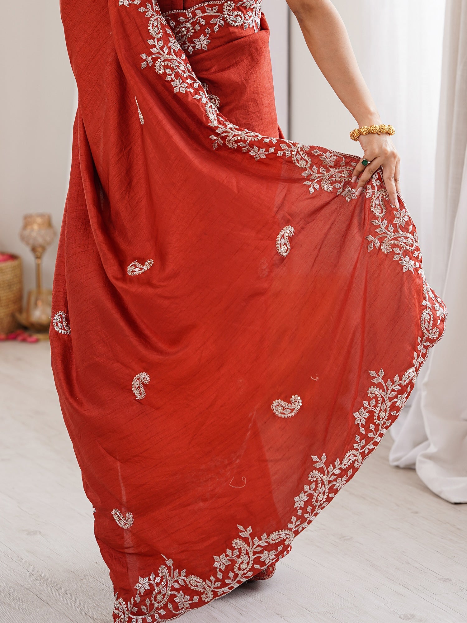 Rust Orange Georgette Saree with Scalloped Embroidery - Ressa