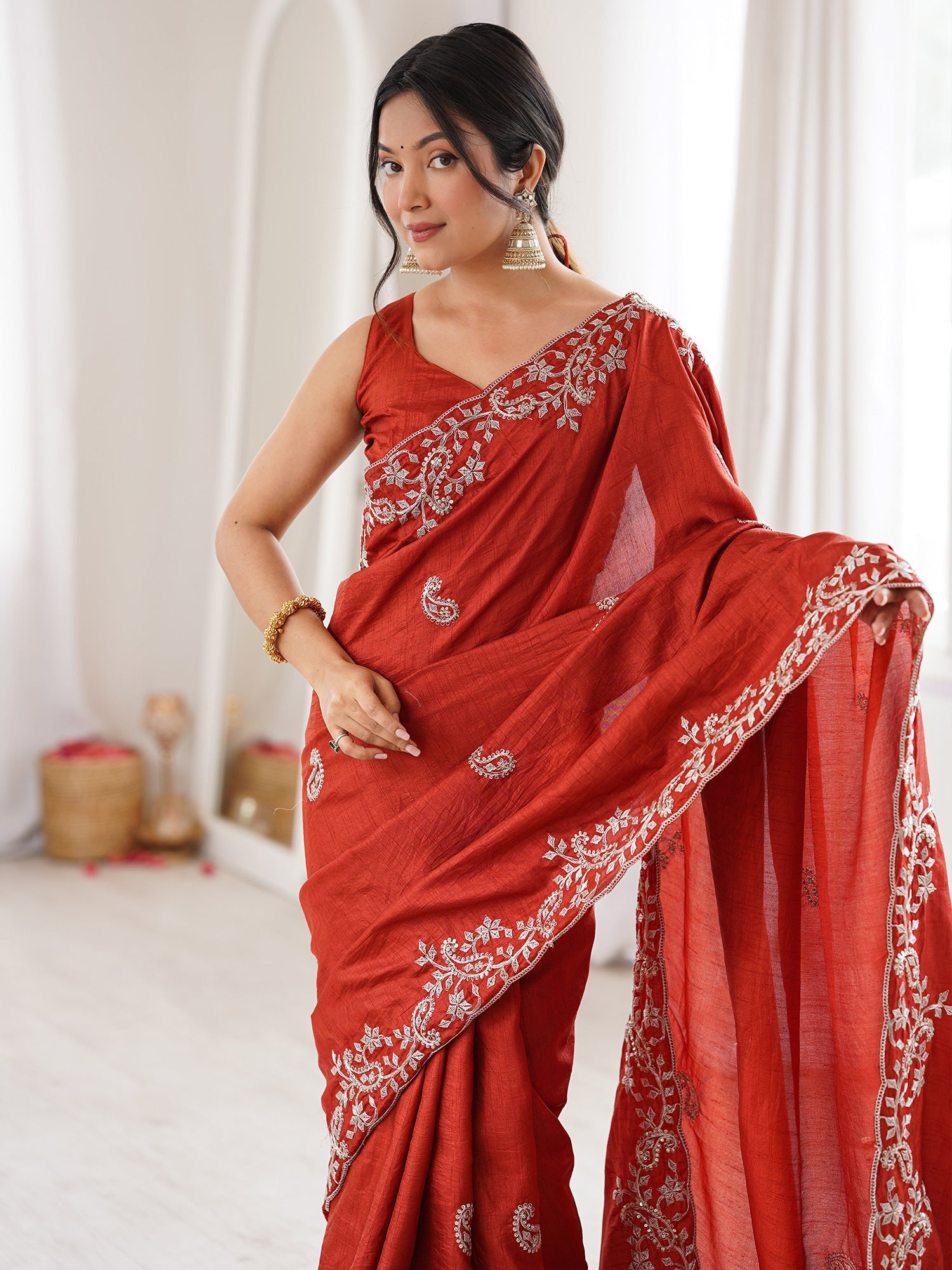 Rust Orange Georgette Saree with Scalloped Embroidery - Ressa